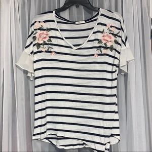 Maurices Striped Top with Floral Shoulders and Side Tie Knot